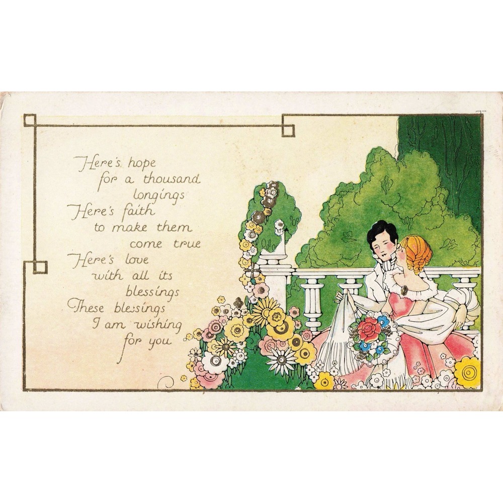Vtg Romantic Couple Garden Flowers Poem Love Blessings Greeting Postcard